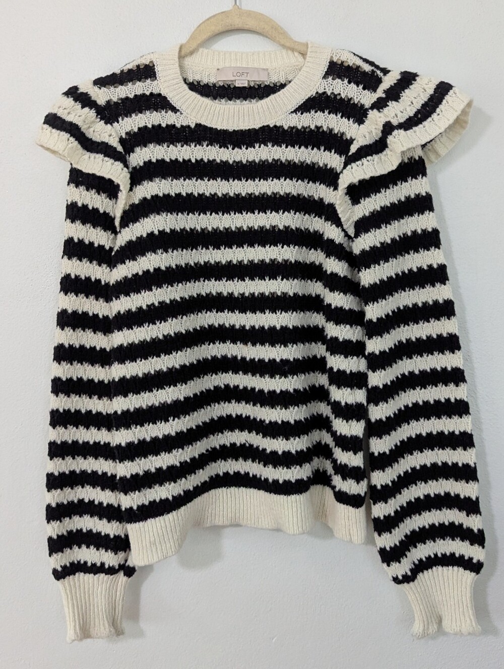 Loft Striped Ruffle Shoulder Pullover Sweater Pointelle  White Black Medium M